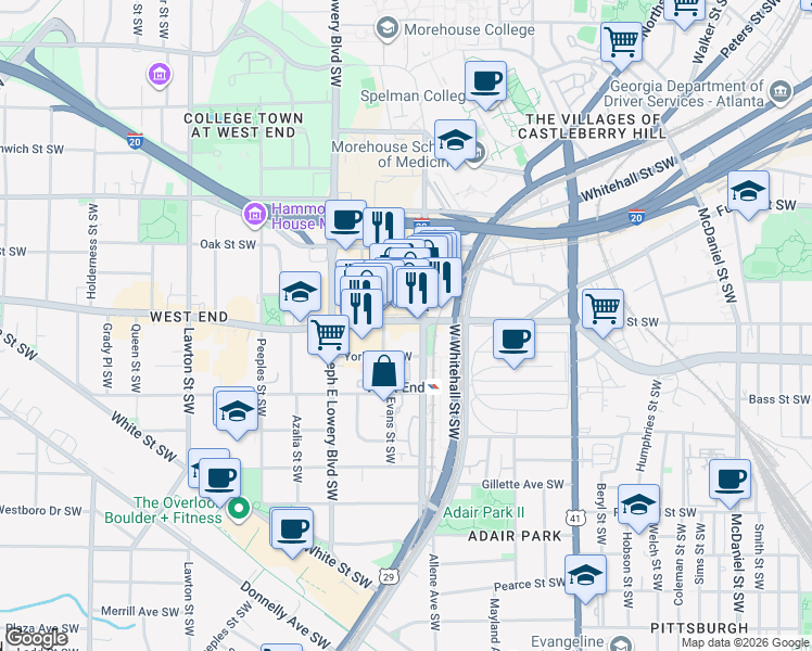 map of restaurants, bars, coffee shops, grocery stores, and more near 852 Ralph David Abernathy Boulevard Southwest in Atlanta
