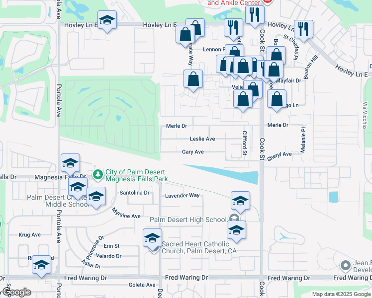 map of restaurants, bars, coffee shops, grocery stores, and more near 74622 Gary Avenue in Palm Desert