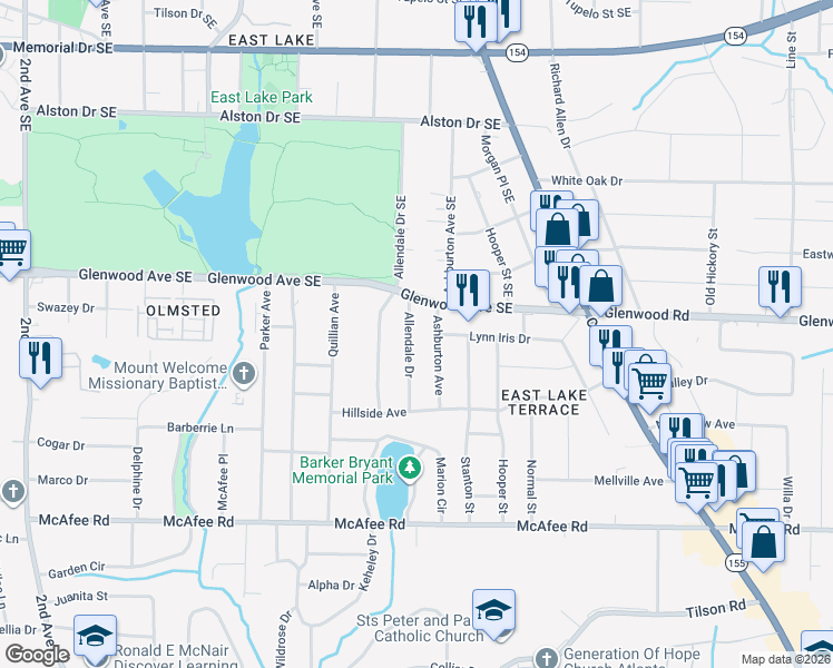 map of restaurants, bars, coffee shops, grocery stores, and more near 508 Allendale Drive in Decatur