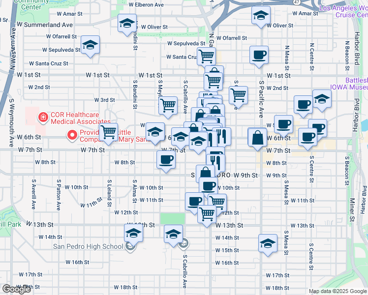 map of restaurants, bars, coffee shops, grocery stores, and more near 641 South Cabrillo Avenue in Los Angeles