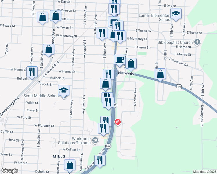 map of restaurants, bars, coffee shops, grocery stores, and more near 1725 South Austin Avenue in Denison