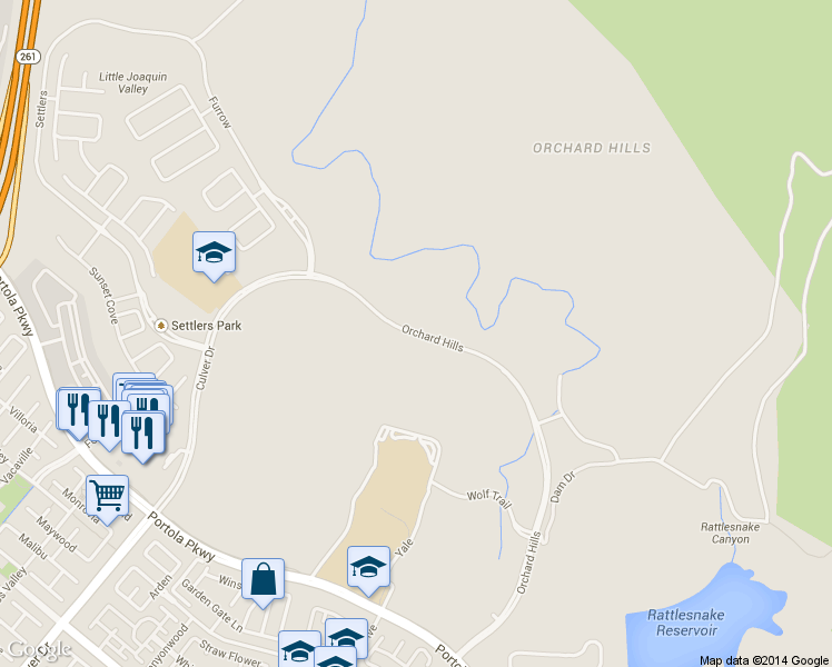map of restaurants, bars, coffee shops, grocery stores, and more near Orchard Hills in Irvine