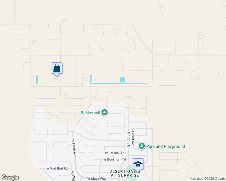 map of restaurants, bars, coffee shops, grocery stores, and more near 17331 West Desert Vista Trail in Surprise