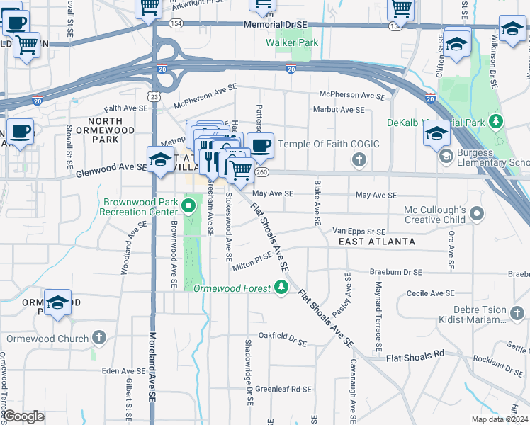 map of restaurants, bars, coffee shops, grocery stores, and more near 1381 Newton Avenue Southeast in Atlanta