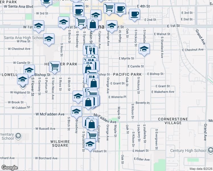 map of restaurants, bars, coffee shops, grocery stores, and more near 810 Orange Avenue in Santa Ana