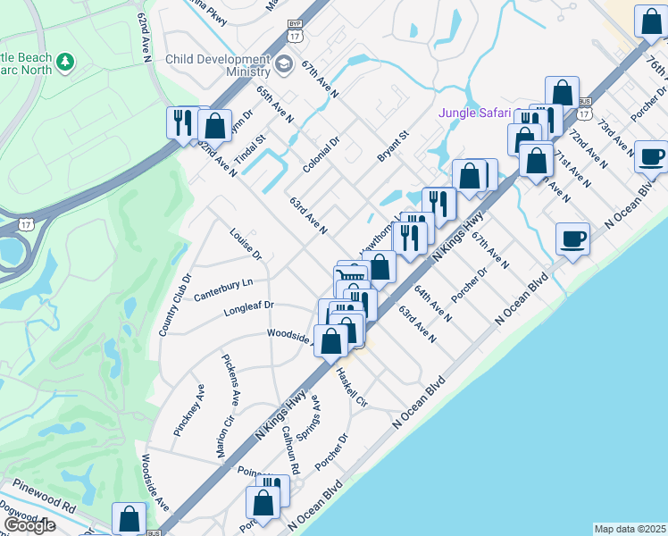 map of restaurants, bars, coffee shops, grocery stores, and more near 602 62nd Avenue North in Myrtle Beach