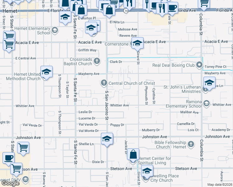 map of restaurants, bars, coffee shops, grocery stores, and more near 26401 Olive Drive in Hemet
