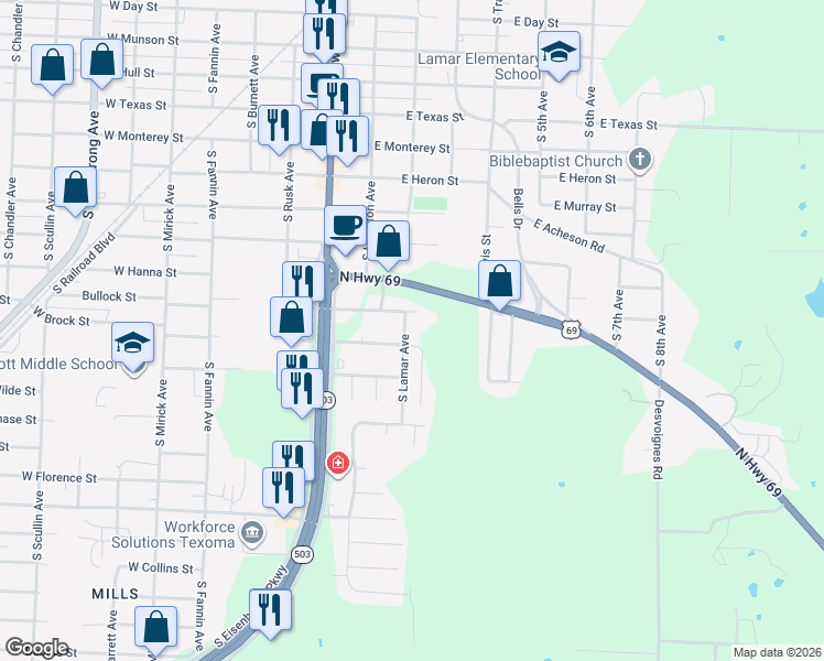 map of restaurants, bars, coffee shops, grocery stores, and more near 1720 South Lamar Avenue in Denison