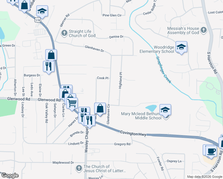 map of restaurants, bars, coffee shops, grocery stores, and more near 1804 Glenhaven Circle in Decatur