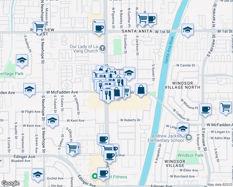 map of restaurants, bars, coffee shops, grocery stores, and more near 3744 West McFadden Avenue in Santa Ana