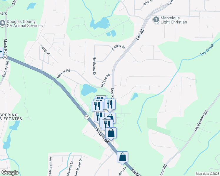 map of restaurants, bars, coffee shops, grocery stores, and more near 2500 Lee Road in Lithia Springs