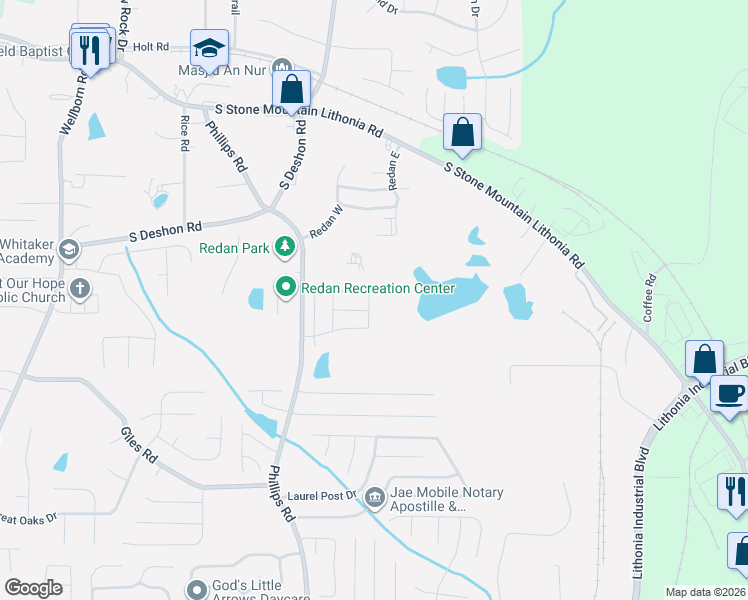 map of restaurants, bars, coffee shops, grocery stores, and more near 6372 Princeton Ridge Drive in Lithonia
