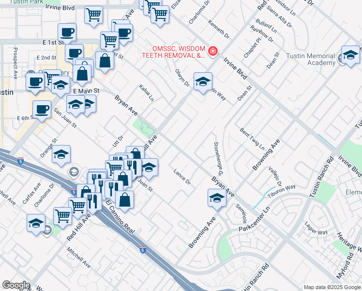 map of restaurants, bars, coffee shops, grocery stores, and more near 1621 Bryan Avenue in Tustin