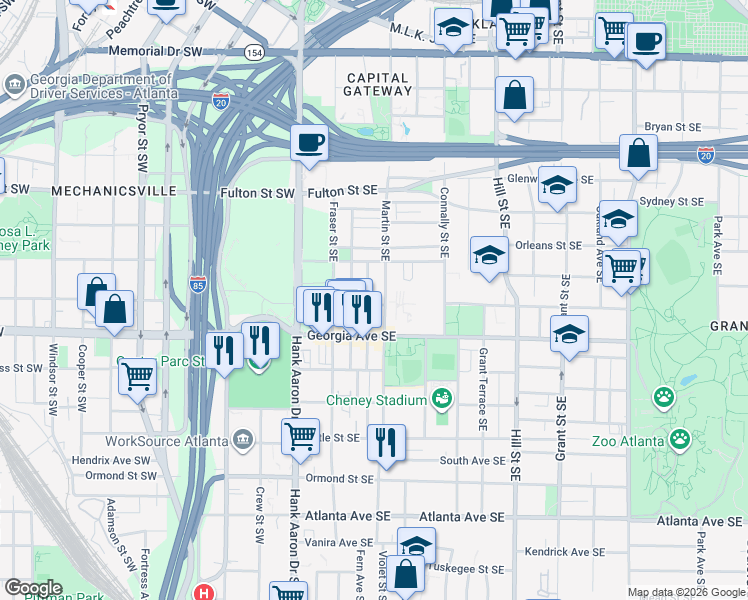 map of restaurants, bars, coffee shops, grocery stores, and more near 609 Martin Street Southeast in Atlanta