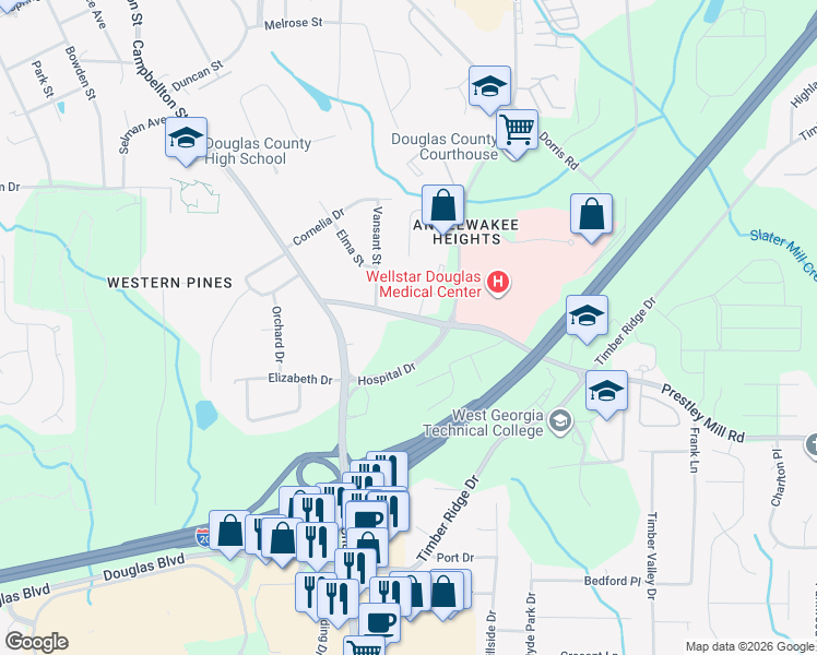 map of restaurants, bars, coffee shops, grocery stores, and more near 6208 Prestley Mill Road in Douglasville