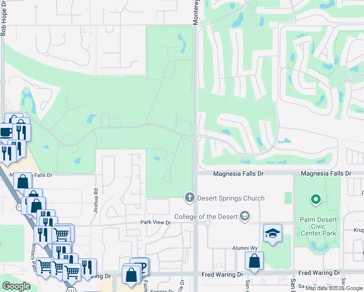 map of restaurants, bars, coffee shops, grocery stores, and more near 8 Durango Circle in Rancho Mirage