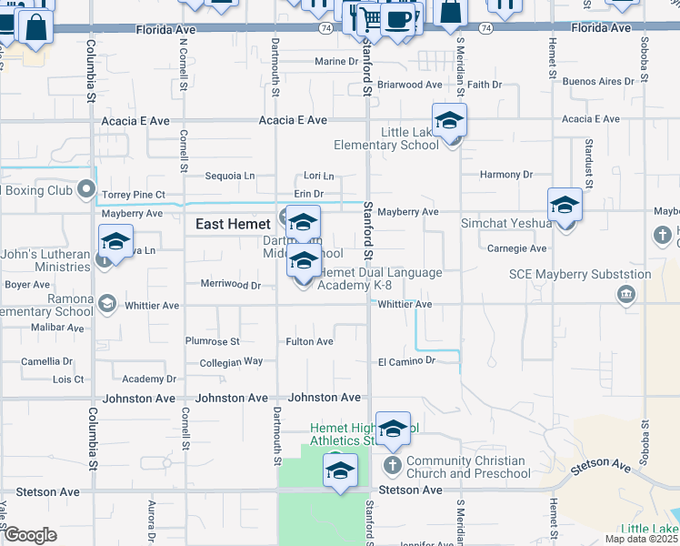 map of restaurants, bars, coffee shops, grocery stores, and more near 41661 Nordal Avenue in Hemet