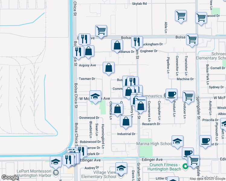 map of restaurants, bars, coffee shops, grocery stores, and more near 15442 Chemical Lane in Huntington Beach