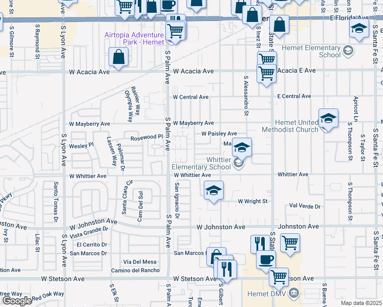 map of restaurants, bars, coffee shops, grocery stores, and more near 665 Ironwood Street in Hemet