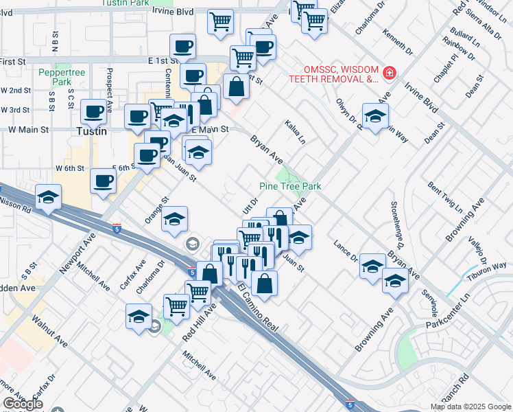 map of restaurants, bars, coffee shops, grocery stores, and more near 13661 Green Valley Drive in Tustin