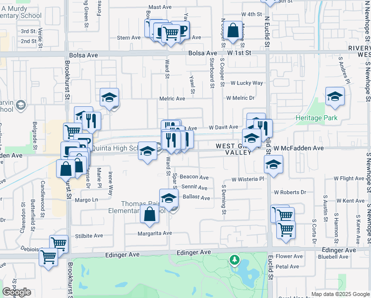 map of restaurants, bars, coffee shops, grocery stores, and more near 10571 West McFadden Avenue in Garden Grove
