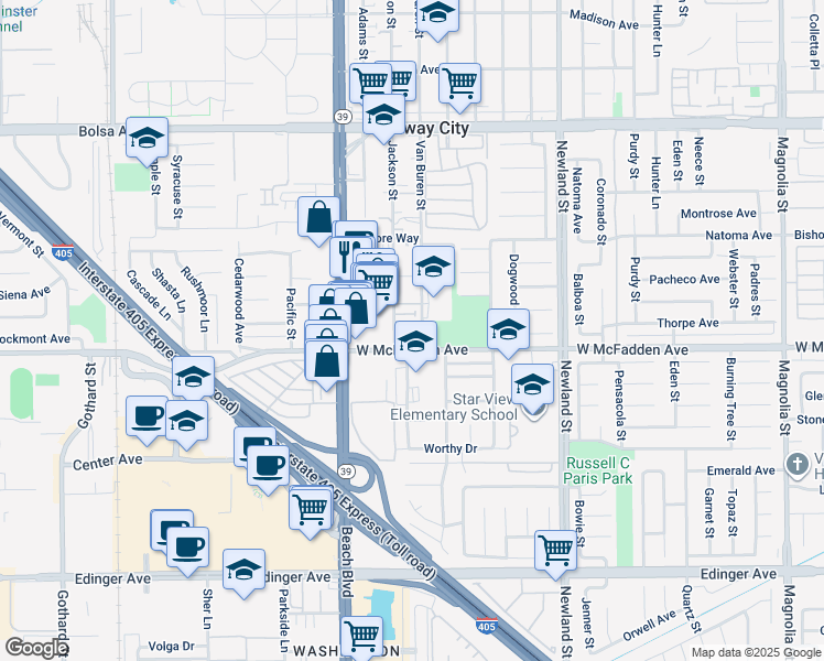 map of restaurants, bars, coffee shops, grocery stores, and more near 15432 Jackson Street in Midway City