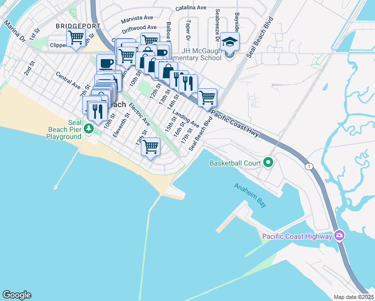 map of restaurants, bars, coffee shops, grocery stores, and more near 1711 Electric Avenue in Seal Beach