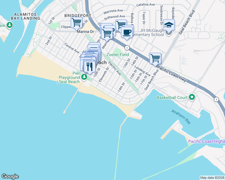 map of restaurants, bars, coffee shops, grocery stores, and more near 1301 Ocean Avenue in Seal Beach