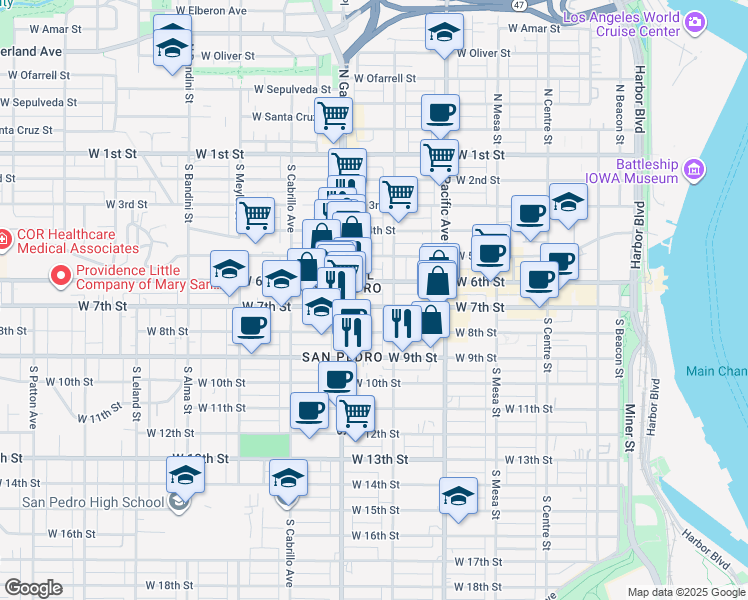 map of restaurants, bars, coffee shops, grocery stores, and more near 660 West 7th Street in Los Angeles