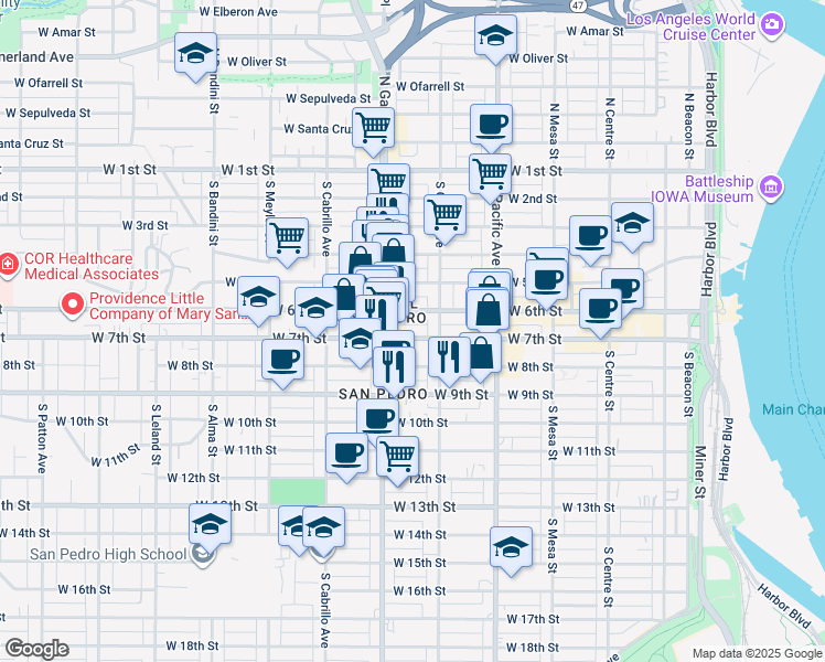 map of restaurants, bars, coffee shops, grocery stores, and more near 660 West 7th Street in Los Angeles