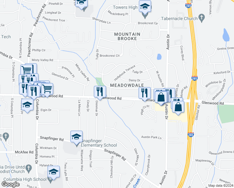 map of restaurants, bars, coffee shops, grocery stores, and more near 4322 Glenwood Parkway in Decatur