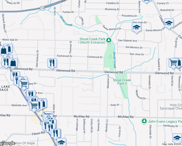 map of restaurants, bars, coffee shops, grocery stores, and more near 3475 Glenwood Road in Decatur