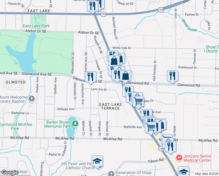 map of restaurants, bars, coffee shops, grocery stores, and more near 2462 Lynn Iris Drive in Decatur