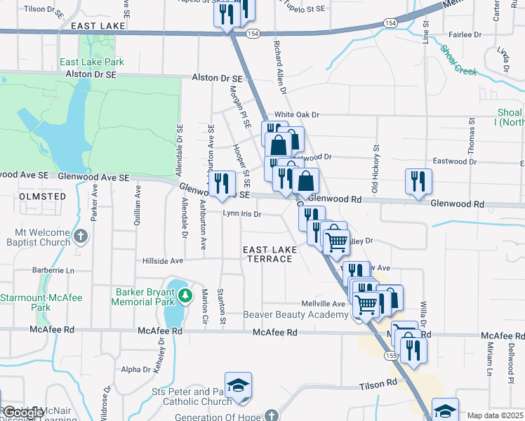 map of restaurants, bars, coffee shops, grocery stores, and more near 2462 Lynn Iris Drive in Decatur