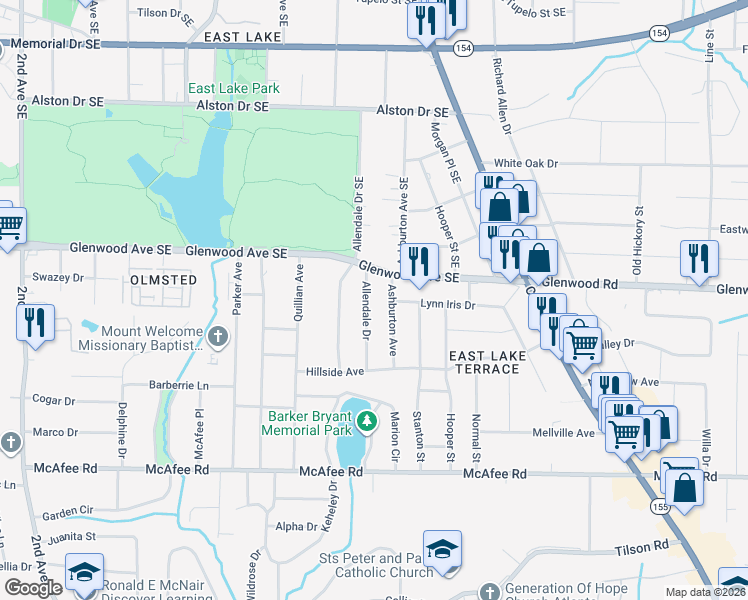 map of restaurants, bars, coffee shops, grocery stores, and more near 508 Allendale Drive in Decatur
