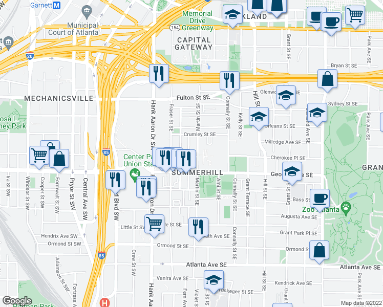 map of restaurants, bars, coffee shops, grocery stores, and more near 94 Glenn Street Southeast in Atlanta