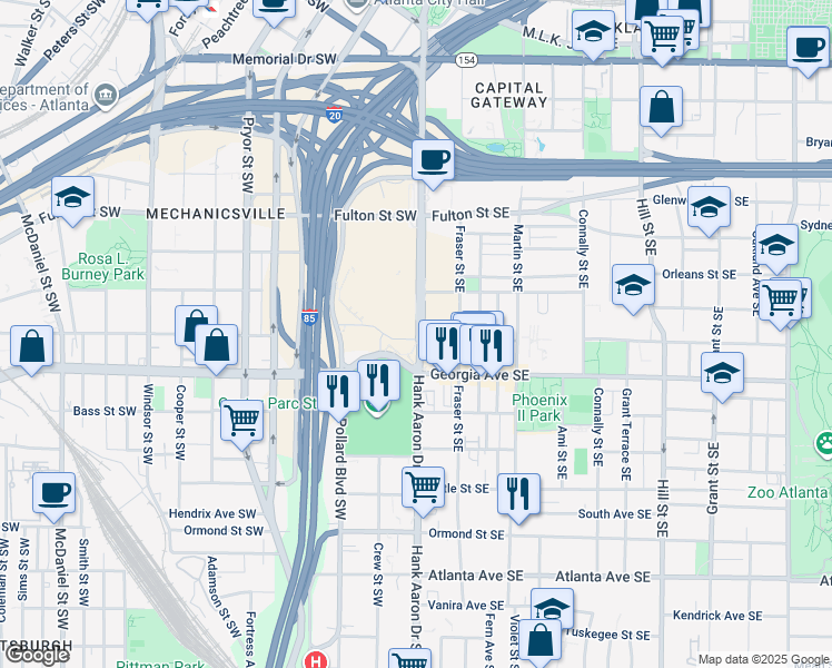 map of restaurants, bars, coffee shops, grocery stores, and more near in Atlanta