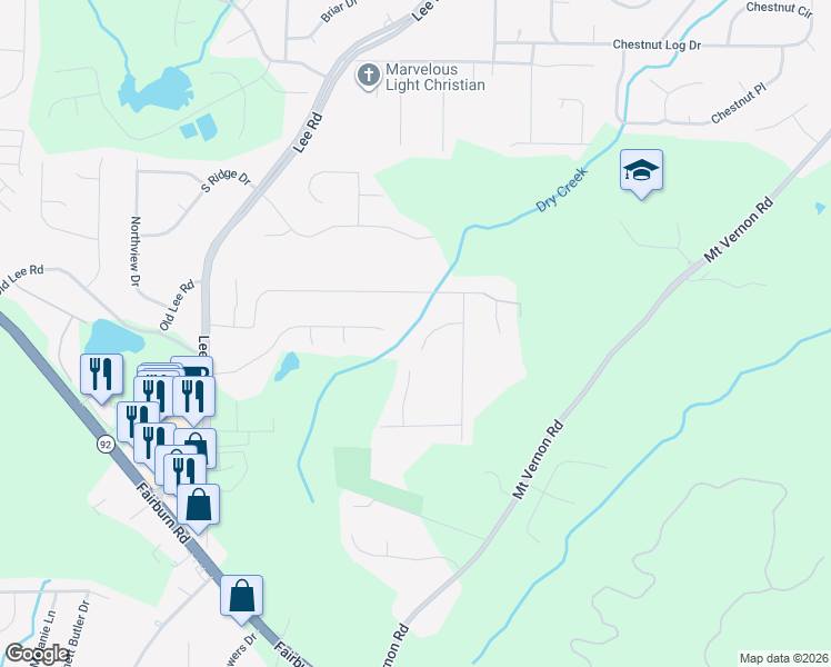 map of restaurants, bars, coffee shops, grocery stores, and more near 3537 Clover Lane in Lithia Springs