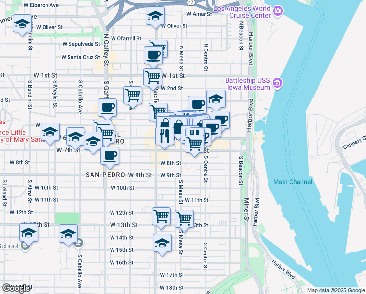 map of restaurants, bars, coffee shops, grocery stores, and more near 390 West 7th Street in Los Angeles