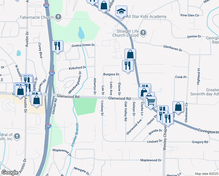 map of restaurants, bars, coffee shops, grocery stores, and more near 1807 Ledo Avenue in Decatur