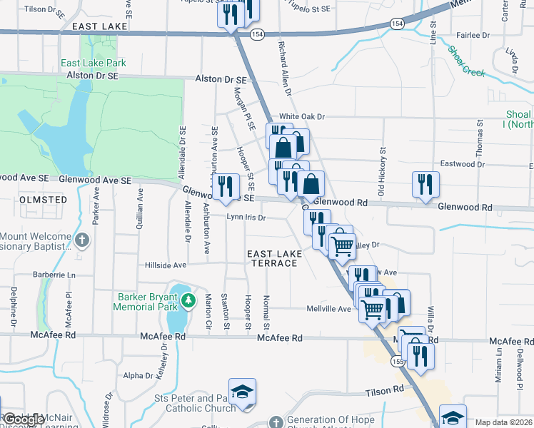 map of restaurants, bars, coffee shops, grocery stores, and more near 2462 Lynn Iris Drive in Decatur