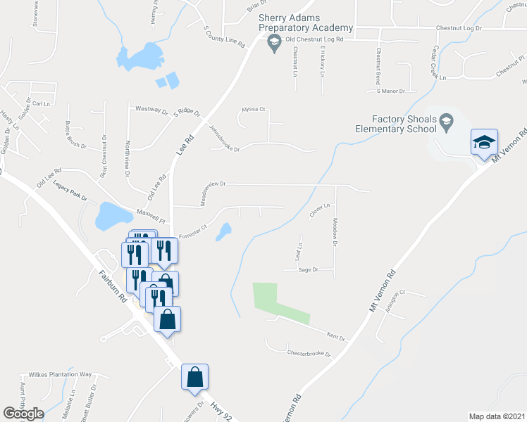map of restaurants, bars, coffee shops, grocery stores, and more near 2595 Forrester Court in Lithia Springs