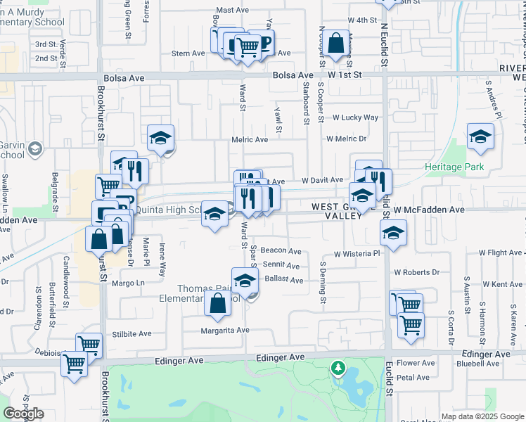 map of restaurants, bars, coffee shops, grocery stores, and more near 10571 West McFadden Avenue in Garden Grove