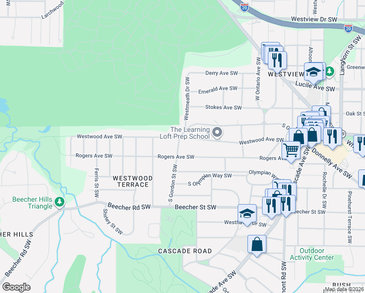 map of restaurants, bars, coffee shops, grocery stores, and more near 1805 South Gordon Street Southwest in Atlanta