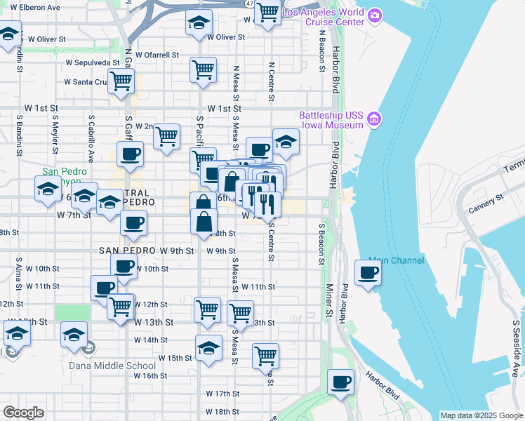 map of restaurants, bars, coffee shops, grocery stores, and more near 324 West 7th Street in Los Angeles