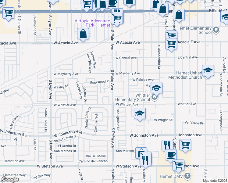 map of restaurants, bars, coffee shops, grocery stores, and more near 873 Ponderosa Drive in Hemet