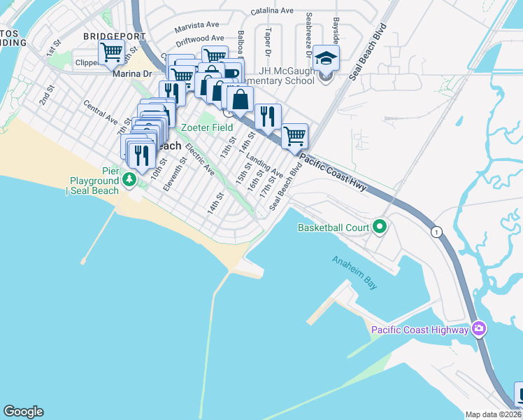 map of restaurants, bars, coffee shops, grocery stores, and more near 1711 Electric Avenue in Seal Beach