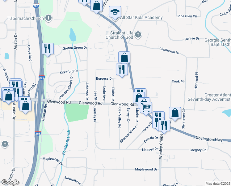 map of restaurants, bars, coffee shops, grocery stores, and more near 1812 Elaine Drive in Decatur