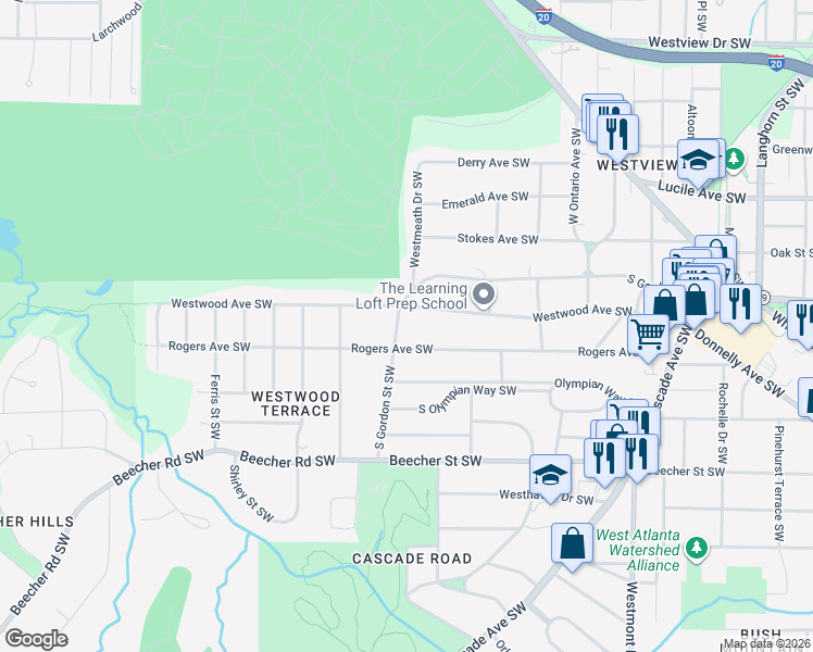 map of restaurants, bars, coffee shops, grocery stores, and more near 1805 South Gordon Street Southwest in Atlanta