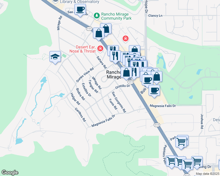 map of restaurants, bars, coffee shops, grocery stores, and more near 42676 East Veldt Street in Rancho Mirage